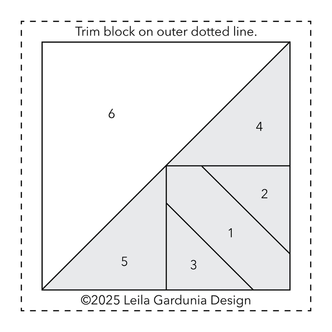 Diagram of a quilt block with numbered sections and a dotted line for trimming.