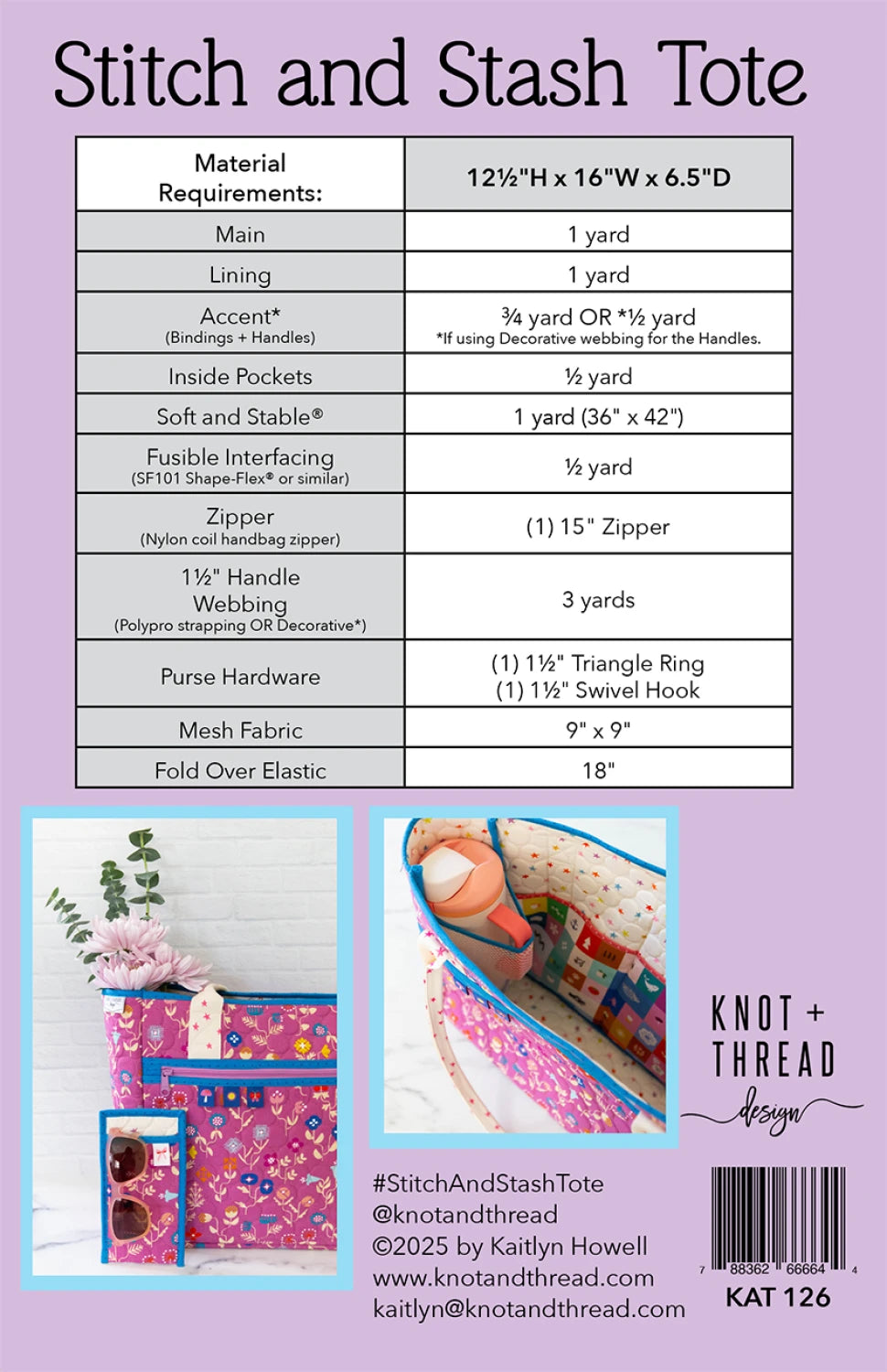 Stitch and Stash Tote pattern with material requirements and images of the tote.