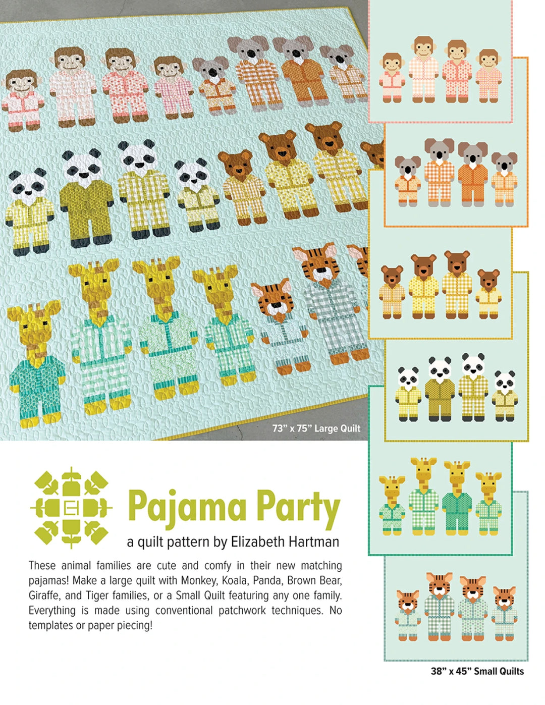 Quilt pattern for pajama-themed animals with family illustrations and text description.